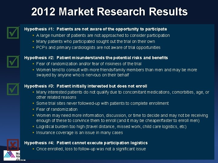 2012 Market Research Results Hypothesis #1: Patients are not aware of the opportunity to