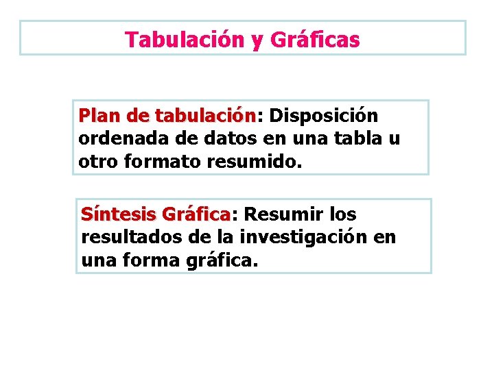 Tabulación y Gráficas Plan de tabulación: tabulación Disposición ordenada de datos en una tabla