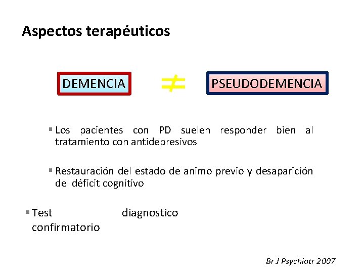 Aspectos terapéuticos DEMENCIA PSEUDODEMENCIA Los pacientes con PD suelen responder bien al tratamiento con