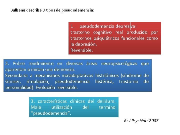 Bulbena describe 3 tipos de pseudodemencia: 1. pseudodemencia depresiva: trastorno cognitivo real producido por