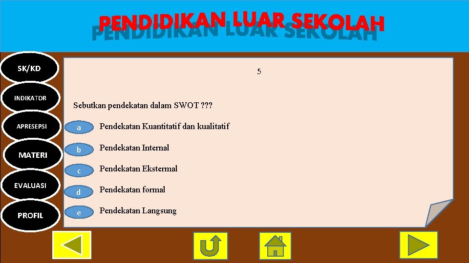 SK/KD INDIKATOR APRESEPSI MATERI EVALUASI PROFIL 5 Sebutkan pendekatan dalam SWOT ? ? ?