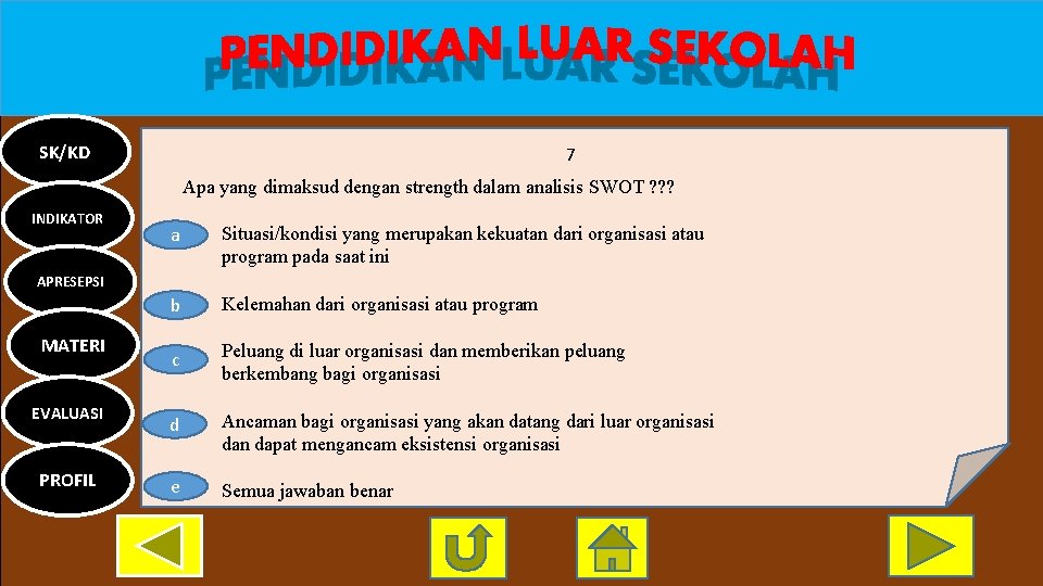 SK/KD 7 Apa yang dimaksud dengan strength dalam analisis SWOT ? ? ? INDIKATOR
