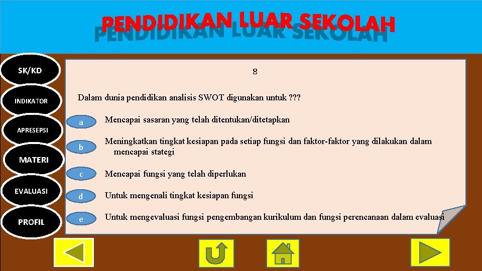 SK/KD INDIKATOR APRESEPSI 8 Dalam dunia pendidikan analisis SWOT digunakan untuk ? ? ?
