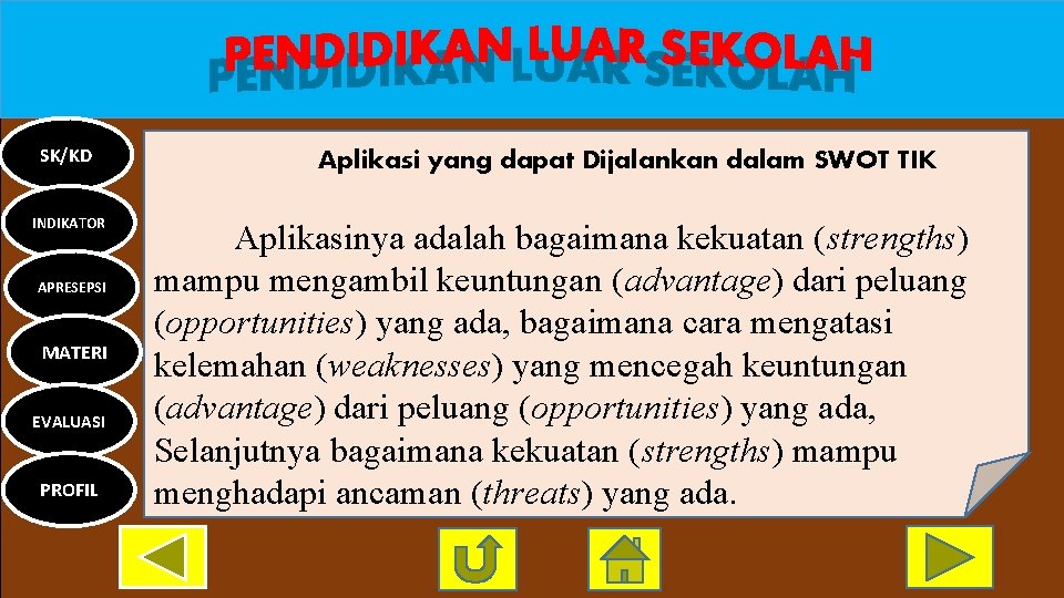 SK/KD INDIKATOR APRESEPSI MATERI EVALUASI PROFIL Aplikasi yang dapat Dijalankan dalam SWOT TIK Aplikasinya