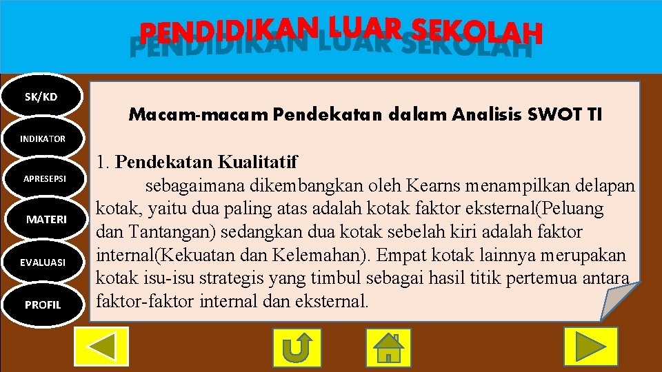 SK/KD Macam-macam Pendekatan dalam Analisis SWOT TI INDIKATOR APRESEPSI MATERI EVALUASI PROFIL 1. Pendekatan