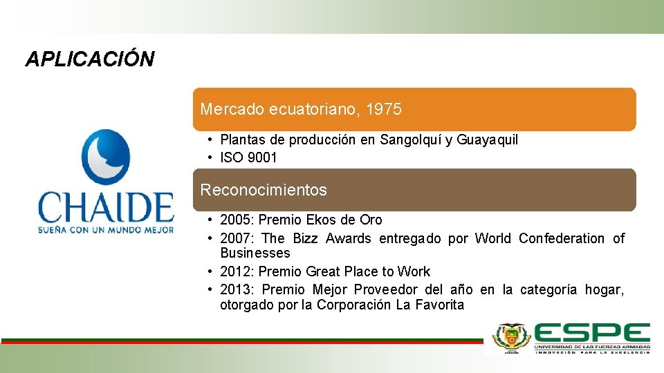 APLICACIÓN Mercado ecuatoriano, 1975 • Plantas de producción en Sangolquí y Guayaquil • ISO