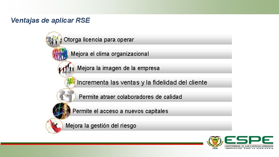 Ventajas de aplicar RSE Otorga licencia para operar Mejora el clima organizacional Mejora la