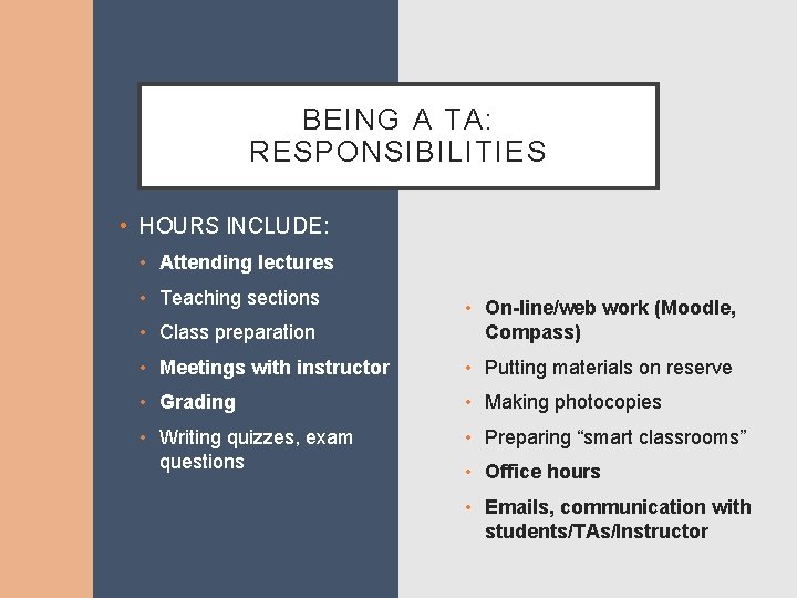 BEING A TA: RESPONSIBILITIES • HOURS INCLUDE: • Attending lectures • Teaching sections • BEING A TA: RESPONSIBILITIES • HOURS INCLUDE: • Attending lectures • Teaching sections •