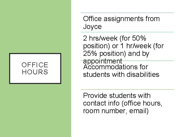Office assignments from Joyce OFFICE HOURS 2 hrs/week (for 50% position) or 1 hr/week Office assignments from Joyce OFFICE HOURS 2 hrs/week (for 50% position) or 1 hr/week
