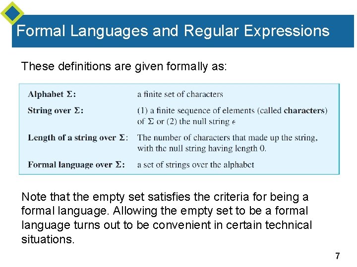 Formal Languages and Regular Expressions These definitions are given formally as: Note that the Formal Languages and Regular Expressions These definitions are given formally as: Note that the