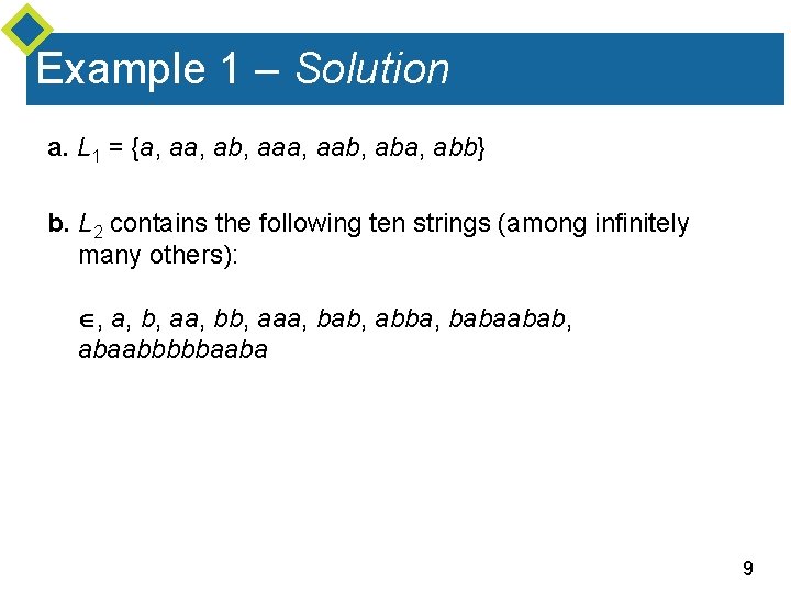 Example 1 – Solution a. L 1 = {a, ab, aaa, aab, aba, abb} Example 1 – Solution a. L 1 = {a, ab, aaa, aab, aba, abb}