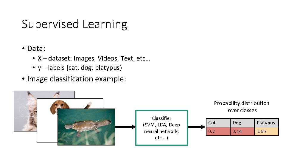 Supervised Learning • Data: • X – dataset: Images, Videos, Text, etc… • y