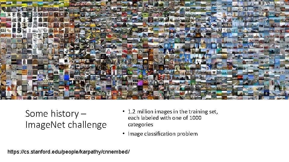 Some history – Image. Net challenge • 1. 2 million images in the training