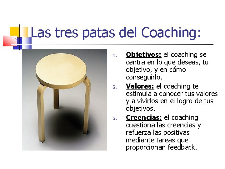 Las tres patas del Coaching: 1. 2. 3. Objetivos: el coaching se centra en