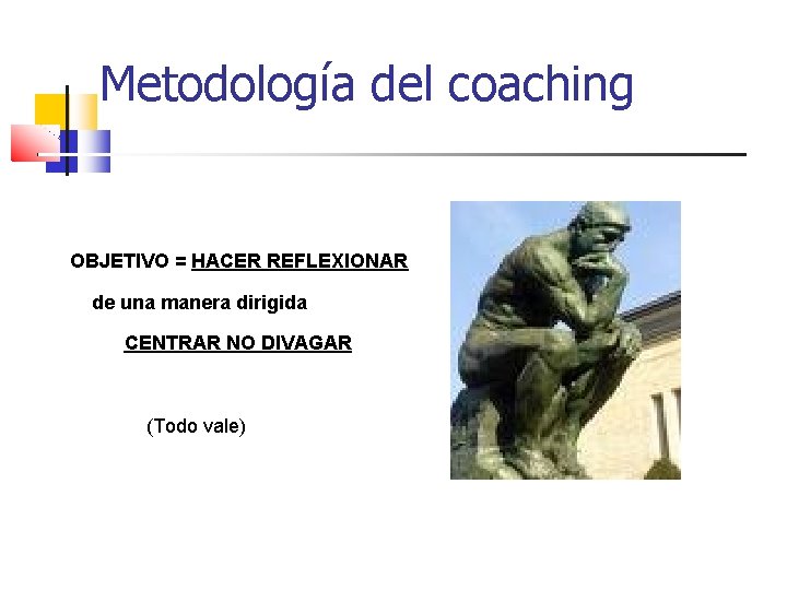 Metodología del coaching OBJETIVO = HACER REFLEXIONAR de una manera dirigida CENTRAR NO DIVAGAR