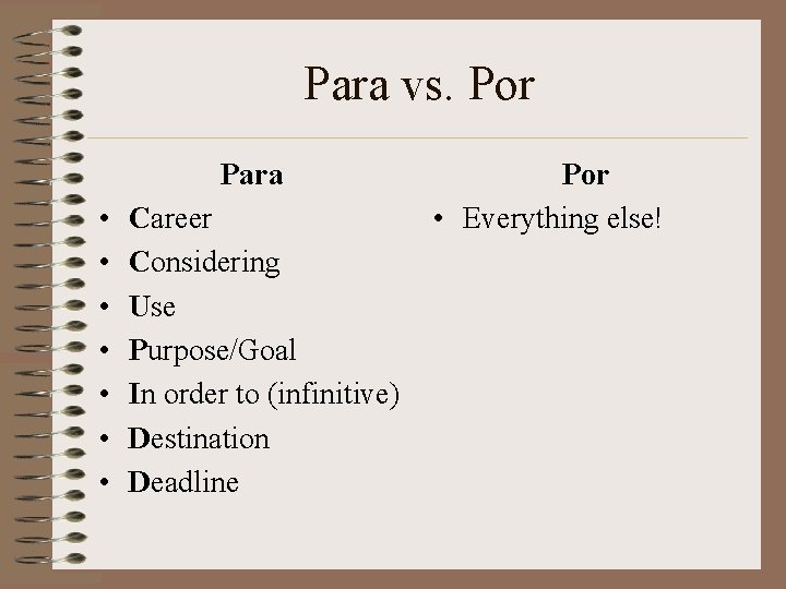Para vs. Por Para • • Career Considering Use Purpose/Goal In order to (infinitive) Para vs. Por Para • • Career Considering Use Purpose/Goal In order to (infinitive)