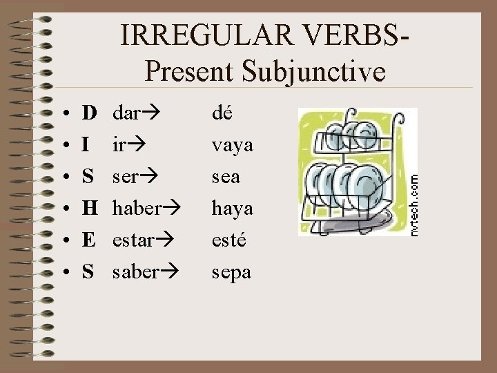 IRREGULAR VERBSPresent Subjunctive • • • D I S H E S dar ir IRREGULAR VERBSPresent Subjunctive • • • D I S H E S dar ir