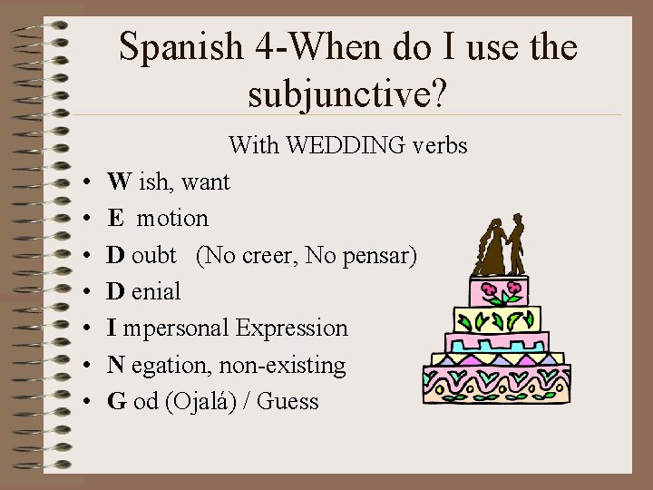 Spanish 4 -When do I use the subjunctive? • • With WEDDING verbs W Spanish 4 -When do I use the subjunctive? • • With WEDDING verbs W