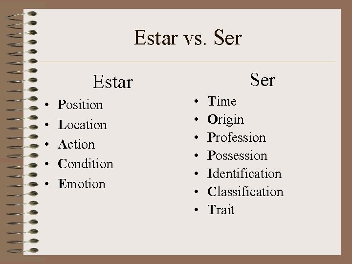 Estar vs. Ser Estar • • • Position Location Action Condition Emotion • • Estar vs. Ser Estar • • • Position Location Action Condition Emotion • •