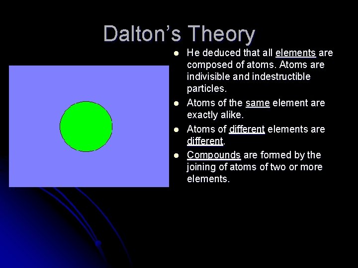Dalton’s Theory l l He deduced that all elements are composed of atoms. Atoms Dalton’s Theory l l He deduced that all elements are composed of atoms. Atoms