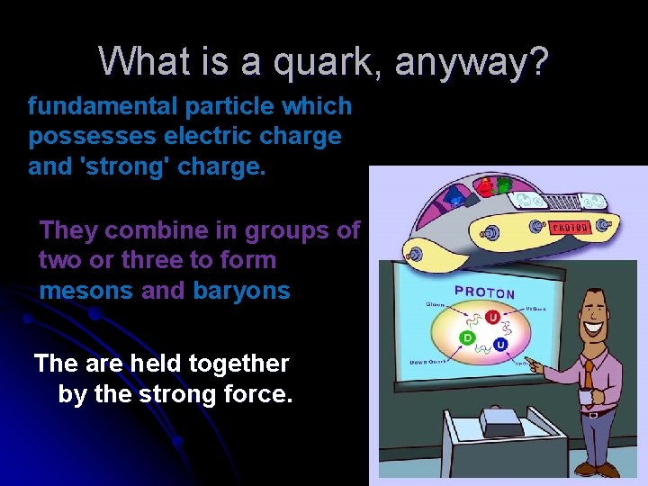 What is a quark, anyway? fundamental particle which possesses electric charge and 'strong' charge. What is a quark, anyway? fundamental particle which possesses electric charge and 'strong' charge.