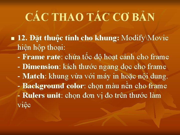 CÁC THAO TÁC CƠ BẢN n 12. Đặt thuộc tính cho khung: ModifyMovie hiện