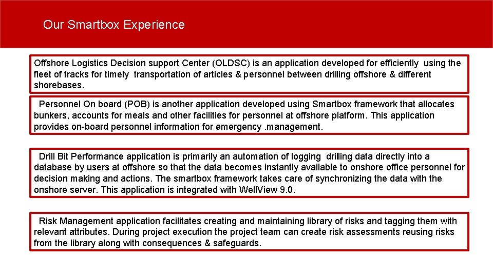 Our Smartbox Experience Offshore Logistics Decision support Center (OLDSC) is an application developed for