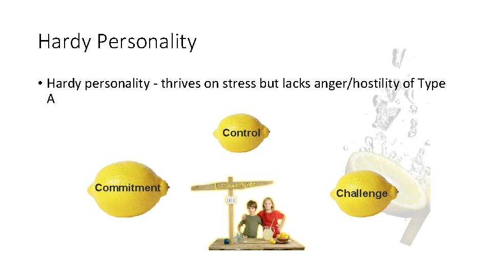 Hardy Personality • Hardy personality - thrives on stress but lacks anger/hostility of Type