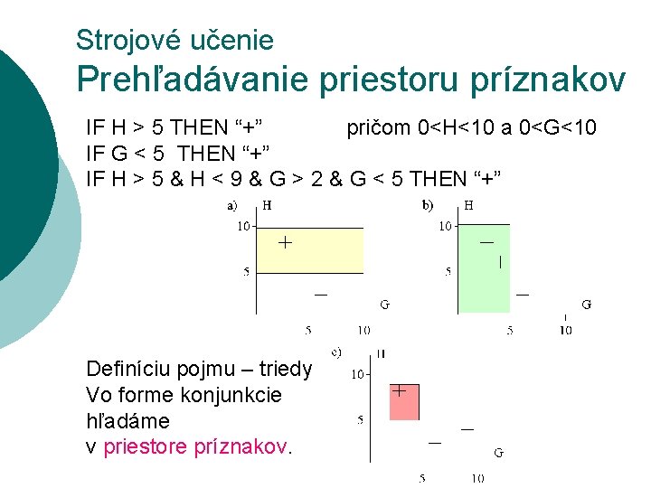 Strojové učenie Prehľadávanie priestoru príznakov IF H > 5 THEN “+” pričom 0<H<10 a