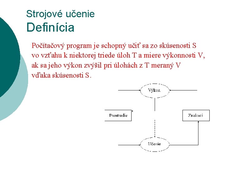 Strojové učenie Definícia Počítačový program je schopný učiť sa zo skúsenosti S vo vzťahu