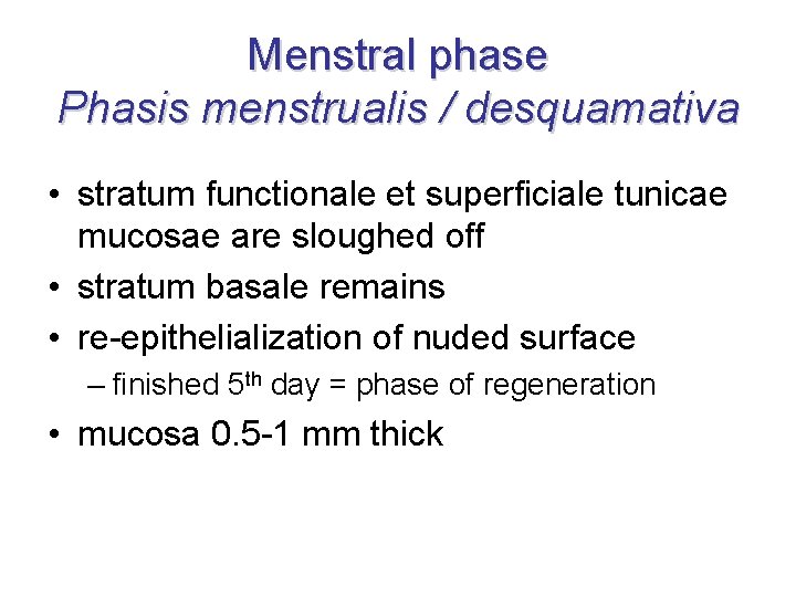 Menstral phase Phasis menstrualis / desquamativa • stratum functionale et superficiale tunicae mucosae are