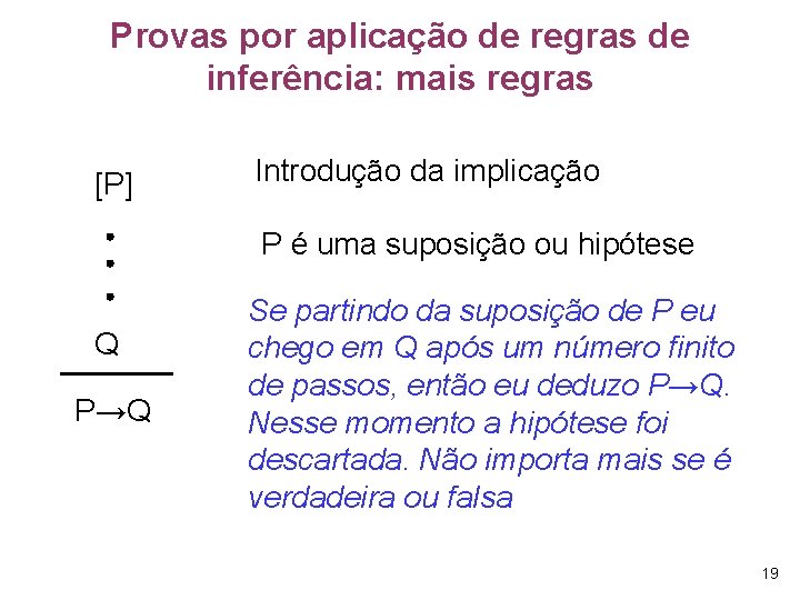 Provas por aplicação de regras de inferência: mais regras [P] Introdução da implicação P