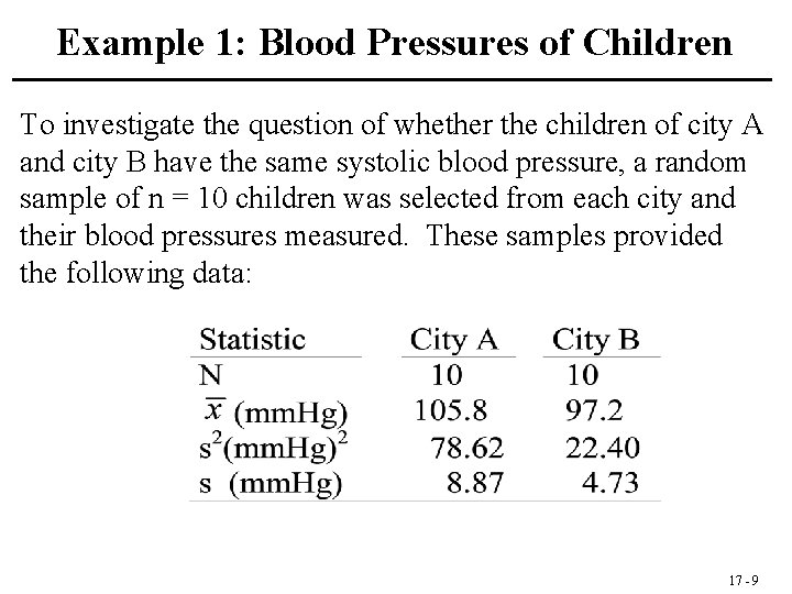 Example 1: Blood Pressures of Children To investigate the question of whether the children