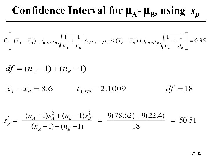 Confidence Interval for A- B, using sp 17 - 12 
