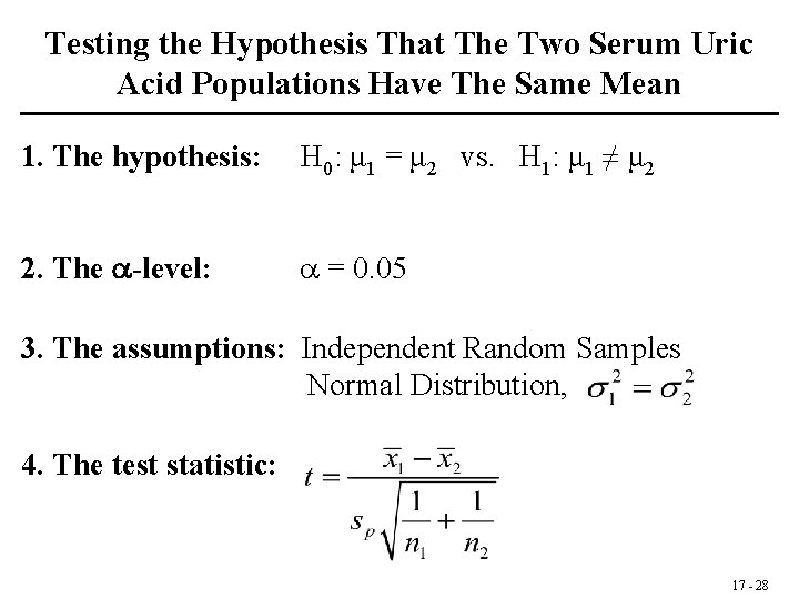 Testing the Hypothesis That The Two Serum Uric Acid Populations Have The Same Mean