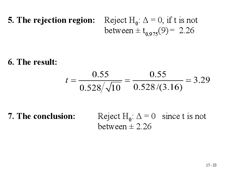 5. The rejection region: Reject H 0: Δ = 0, if t is not