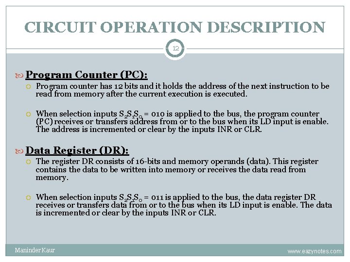 CIRCUIT OPERATION DESCRIPTION 12 Program Counter (PC): Program counter has 12 bits and it CIRCUIT OPERATION DESCRIPTION 12 Program Counter (PC): Program counter has 12 bits and it