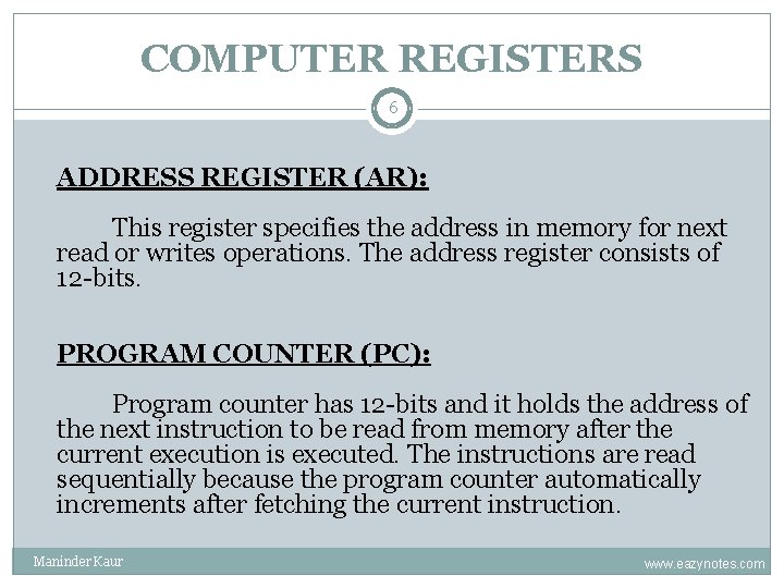 COMPUTER REGISTERS 6 ADDRESS REGISTER (AR): This register specifies the address in memory for COMPUTER REGISTERS 6 ADDRESS REGISTER (AR): This register specifies the address in memory for