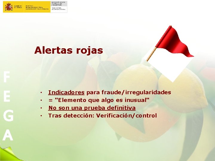 Alertas rojas F E G A • • Indicadores para fraude/irregularidades = "Elemento que