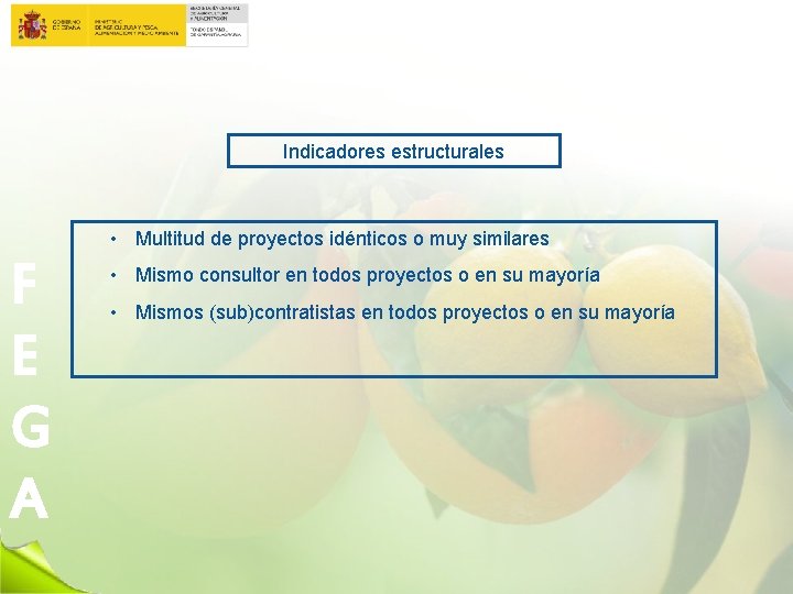 Indicadores estructurales • Multitud de proyectos idénticos o muy similares F E G A