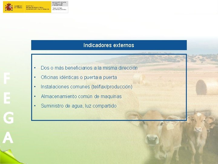 Indicadores externos F E G A • Dos o más beneficiarios a la misma