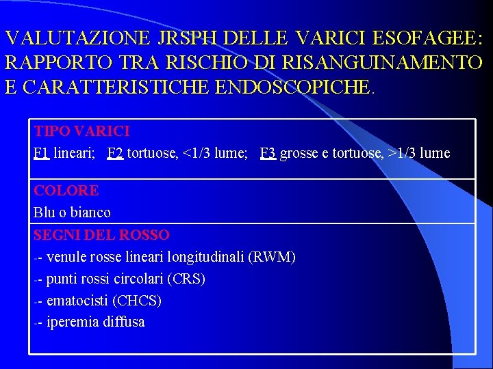 VALUTAZIONE JRSPH DELLE VARICI ESOFAGEE: RAPPORTO TRA RISCHIO DI RISANGUINAMENTO E CARATTERISTICHE ENDOSCOPICHE. TIPO