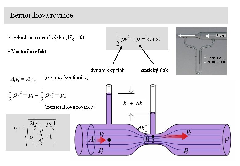 Bernoulliova rovnice • pokud se nemění výška (Wg = 0) • Venturiho efekt dynamický