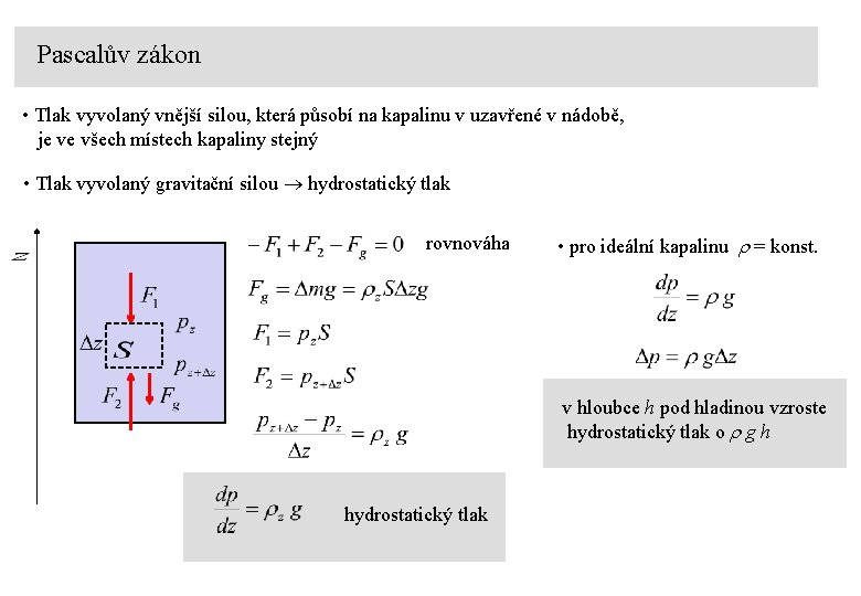 Pascalův zákon • Tlak vyvolaný vnější silou, která působí na kapalinu v uzavřené v