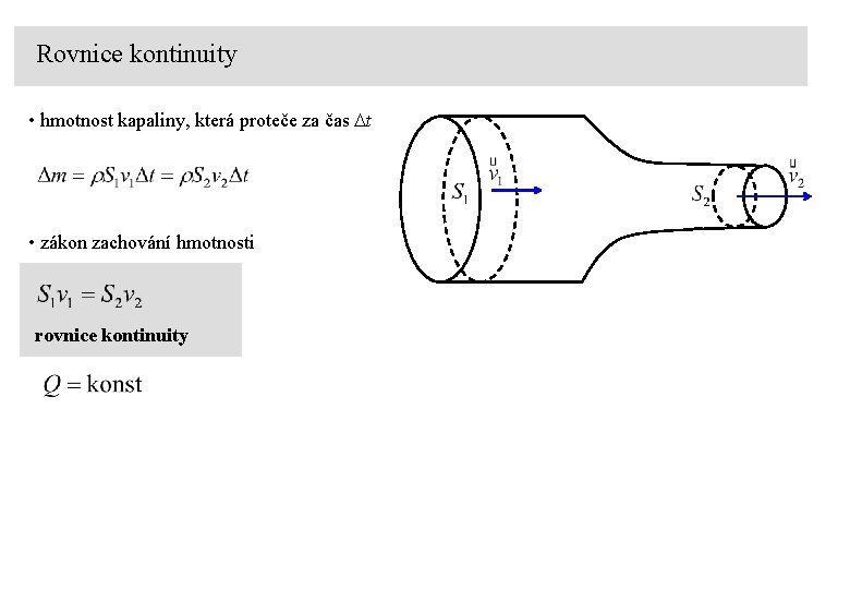 Rovnice kontinuity • hmotnost kapaliny, která proteče za čas Dt • zákon zachování hmotnosti