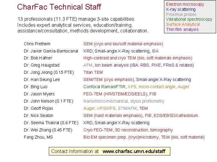 Char. Fac Technical Staff 13 professionals (11. 3 FTE) manage 3 -site capabilities. Includes