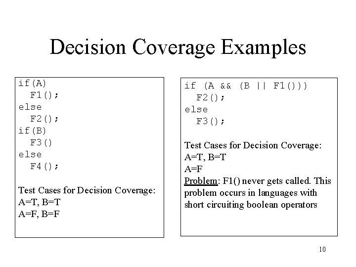 Decision Coverage Examples if(A) F 1(); else F 2(); if(B) F 3() else F