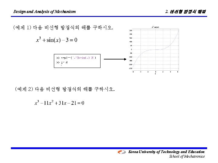 Design and Analysis of Mechanism 2. 비선형 방정식 해법 (예제 1) 다음 비선형 방정식의