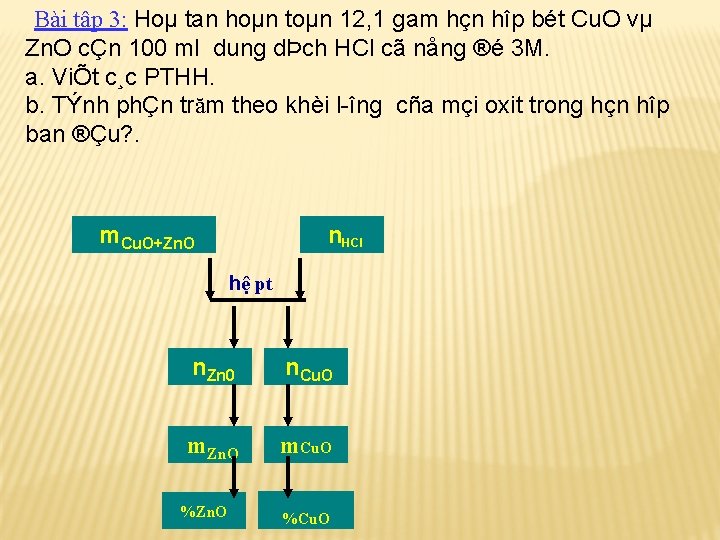 Bài tập 3: Hoµ tan hoµn toµn 12, 1 gam hçn hîp bét Cu.