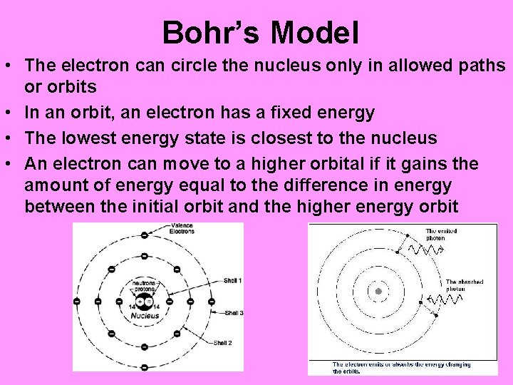 Bohr’s Model • The electron can circle the nucleus only in allowed paths or